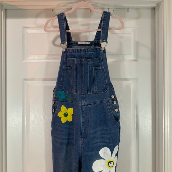 Miss Look Painted Flowers Denim Boho Overalls Size Medium - Picture 5 of 14
